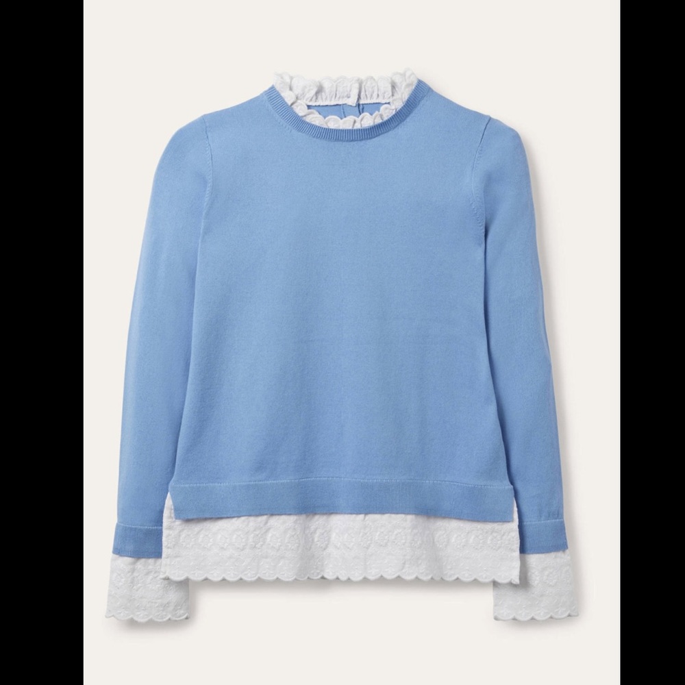 Boden Blue Crew Neck Sweater with White Lace Trim